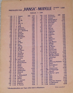 1/64 Price list (1 p.)  Hansa Schowanek Shipmodels 1:1250